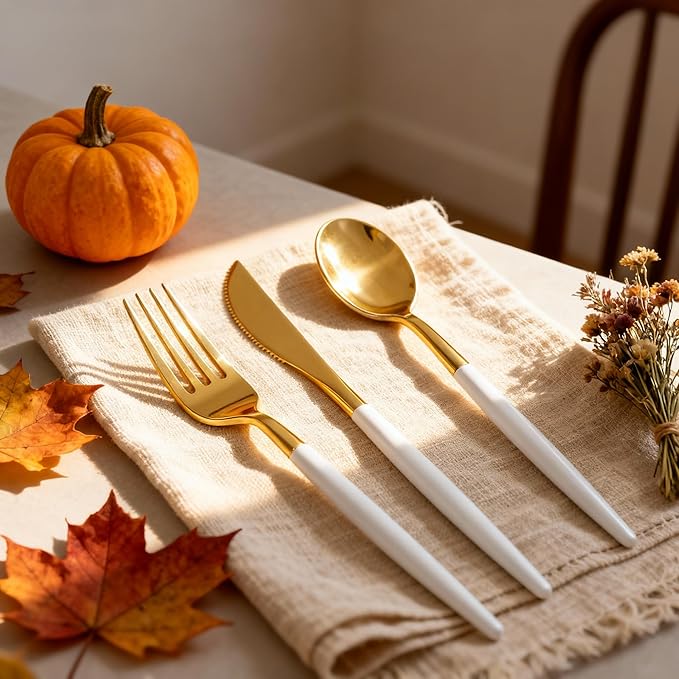 SUT Gold Plastic Silverware, 160Pcs Gold Utensils Set Disposable, 80 Gold Plastic Forks, 40 Gold Knives, 40 Gold Spoons, Gold Plastic Cutlery for Parties, Dinners, Weddings(White Gold)