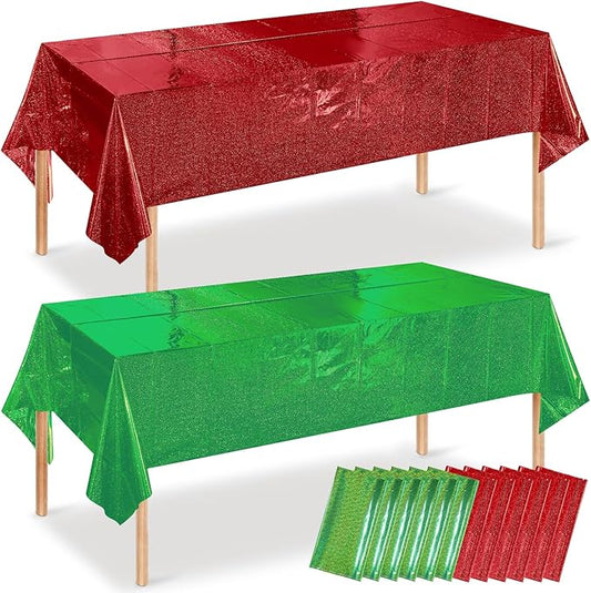 12 Pack Iridescent Red and Green Plastic Tablecloth 54x108 Inch, Holographic Laser Disposable Table Cover, Rectangle Red and Green Table Cloth for Christmas Holiday Birthday Party Decorations