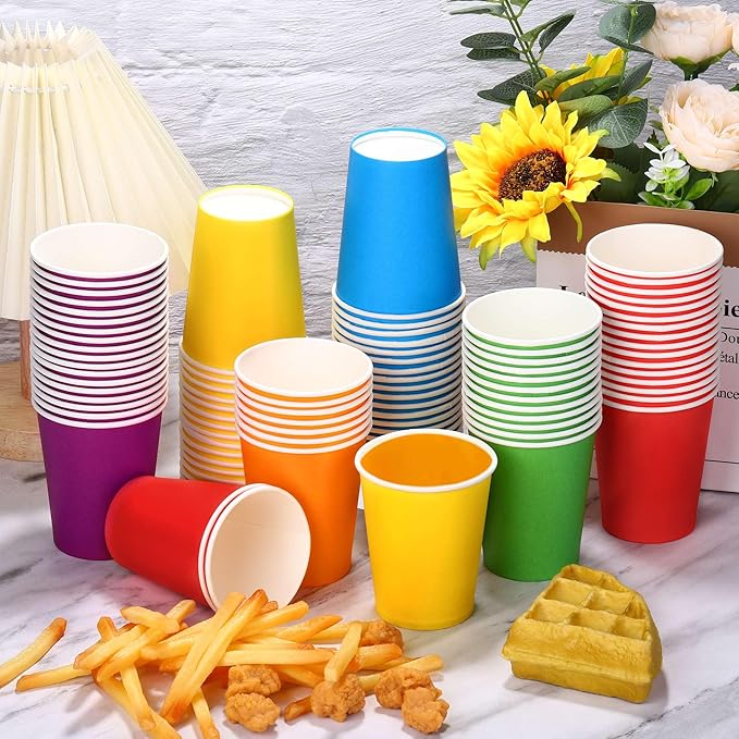 URATOT 120 Pieces 9 Ounce Disposable Paper Cups Rainbow Party Cups Drinking Cups for Party, DIY and Holiday, 6 Colors