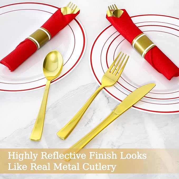 50 Pack Pre Rolled Gold Plastic Silverware Set,Wrapped Plastic Cutlery Set with Napkin Include 50 Forks,50 Spoons,50 Knives and 50 Red Napkins for Party,Wedding,Christmas
