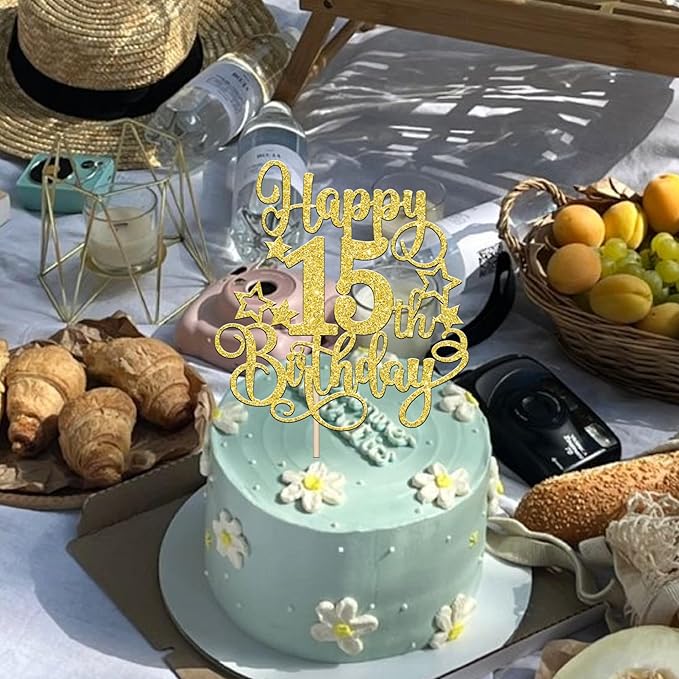 1 PCS Happy 15th Birthday Cake Topper Glitter Cheers to 15 Years Birthday Cake Pick Hello 15 Fabulous Cake Decoration for Happy 15th Birthday Anniversary Party Decorations Supplies Gold