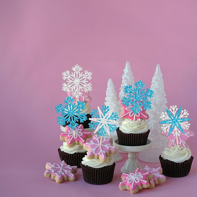 24Pcs Snowflake Cupcake Toppers Winter Frozen Winter Wonderland Cake Pick Decorations for Snowflake Theme Baby Shower Birthday Merry Christmas Party Supplies Blue