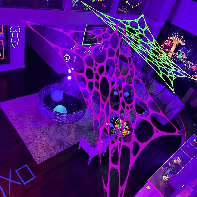 Mesh Party Decoration Background Cloth 9.5ft x 7ft Black Light Party Decoration Spandex Lycra Mesh with Eyelets for Installation (Neon Pink+Neon Pink, 9.5ft x 7ft)