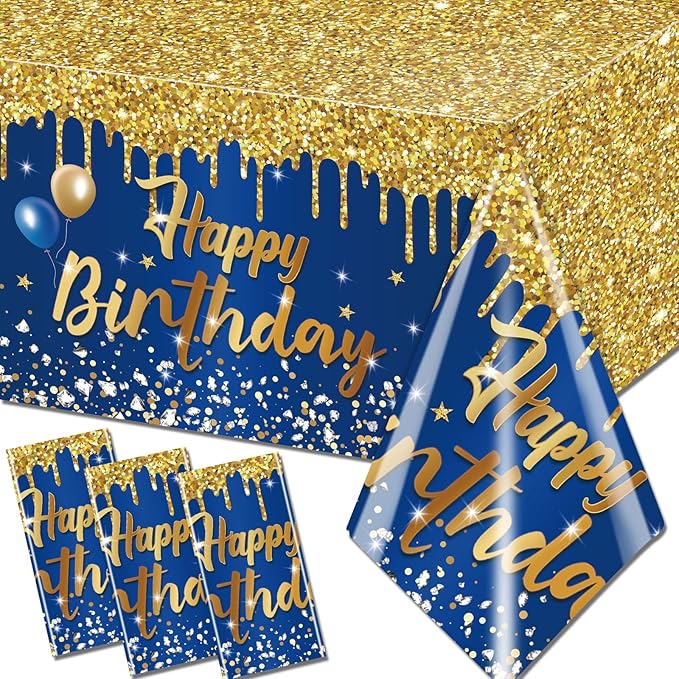 Happy Birthday Tablecloth,3pcs Navy Blue and Gold Table Cloths for Parties Glitter Birthday Decoration for Women Men’s 18th 21st 30th 40th 60th 70th Birthday Party Supplies