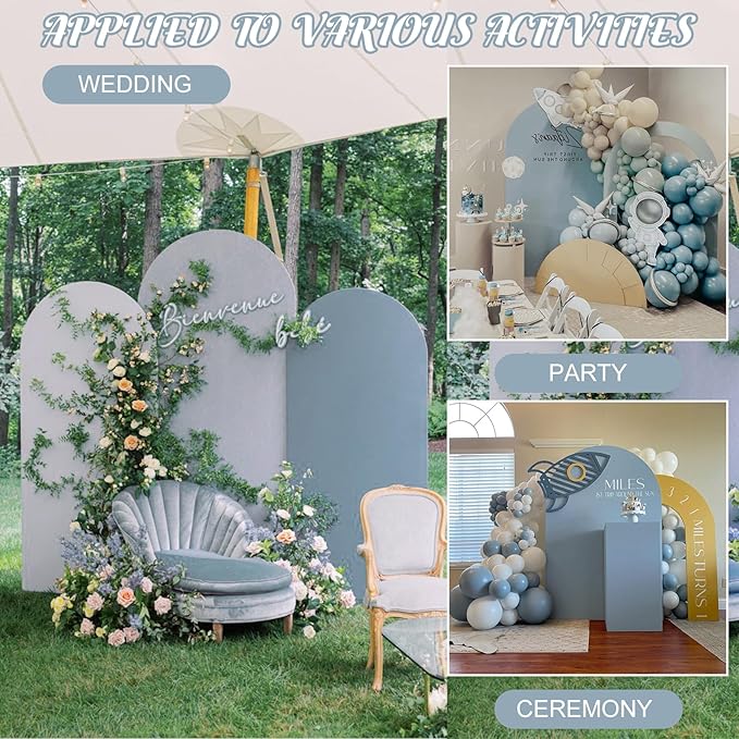 Metal Arch Stand and Cover Set,1 Dusty Blue Spandex Fitted Backdrop with 1 Gold Wedding Arched Stand Frame for Parties Birthday Baby Shower Bridal Banquet Decoration (7.2FT)