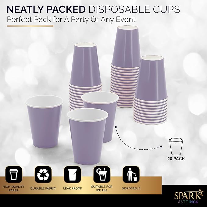 Disposable Paper Cups, 8 oz. Lavender Paper Coffee Cups, Strong and Sturdy Coffee Disposable Cups for Party, Wedding, Thanksgiving Day, Christmas, Halloween Hot Cups, Pack of 20