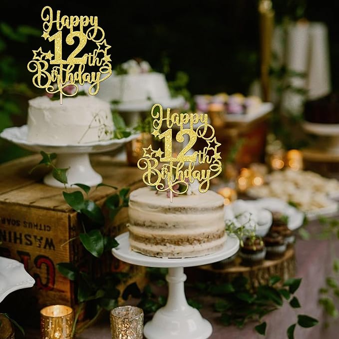 1 PCS Happy 12th Birthday Cake Topper Glitter Cheers to 12 Years Birthday Cake Pick Hello 12 Fabulous Cake Decoration for Happy 12th Birthday Anniversary Party Decorations Supplies Gold