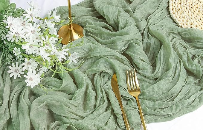 FEXIA 10 Pack Sage Green Table Runner 35x120 Inches for Baby Shower Decoration St. Patrick's Day Gauze Table Runner for Wedding Party Engagement Bridal Shower Boho Decoration (Sage Green)