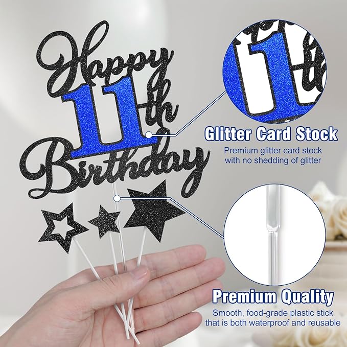 11th Birthday Cake Topper, Black Blue Happy 11th Birthday Cake Toppers for Boy Girl, 11 Years Old Birthday Party Supplies, Glitter Cake Decor, 11th Birthday Cake Decorations