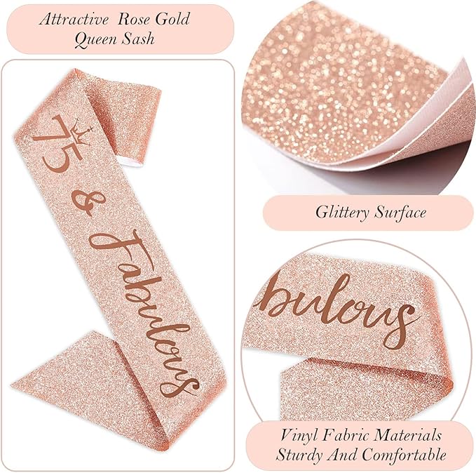 75th Birthday Gifts Decorations for Women, Including 75 year old Cake Topper, Birthday Queen Sash with Pearl Pin, Sweet Rhinestone Tiara Crown, Number Candles and Balloons Set, Rose Gold