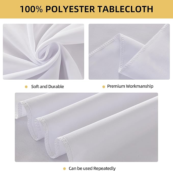 2-Pack Round 108-inch White Table Cloths, Solid Stain and Wrinkle Resistant Circular Tablecloth, Premium Plain Weave Polyester Fabric Table Linen Covers for Hotel, Banquet