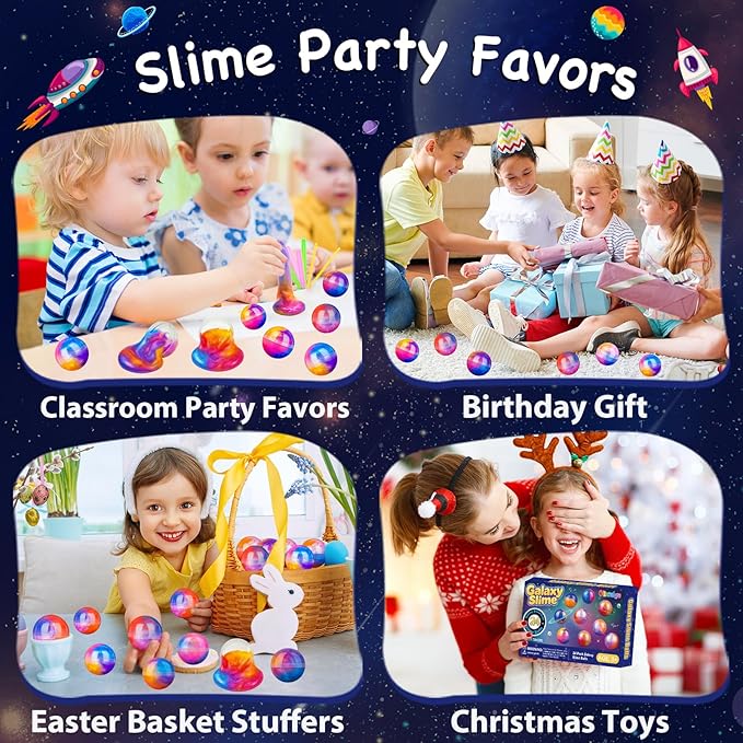 24 Pack Slime Party Favors, Galaxy Slime Balls Soft DIY Toys Stretchy and Non Sticky Stress Relief Safe Toys for Kids Girls Boy Classroom Prizes Birthday Gifts Halloween Christmas Party Favors