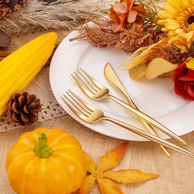 Rubtlamp 180Pcs Gold Plastic Silverware,Luxury Gold Plastic Cutlery,Heavy duty Golden Disposable Flatware, Utensils Set Disposable Include 60Gold Forks,60Gold Spoons,60Plastic Knives for Party,Wedding