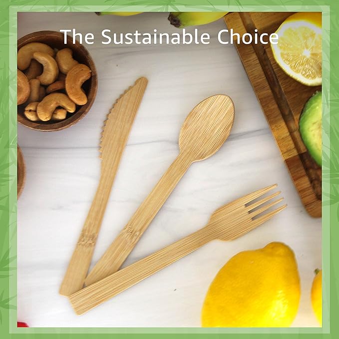 100% Bamboo Utensils Set - 100x Compostable Cutlery Set (50 Compostable Forks, 25 Disposable Spoons, 25 Biodegradable Knives) | Bamboo Silverware | FSC Certified for Weddings, Camping, Party
