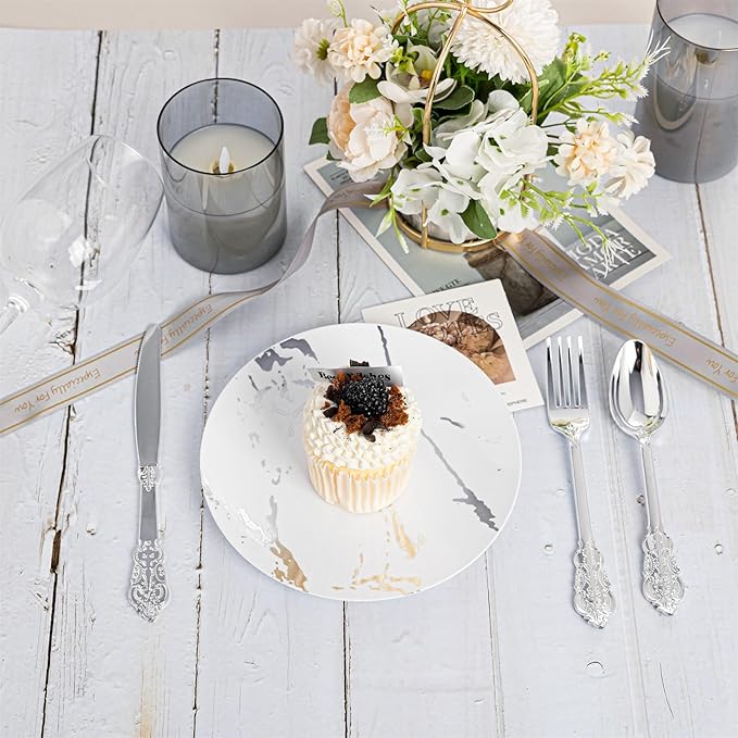 N9R 300PCS Silver Plastic Silverware, Heavy Duty Plastic Cutlery for Parties, Fancy Disposable Flatware Set Includes 100 Forks, 100 Spoons, and 100 Knives, Perfect for Weddings, Dinners, Picnics