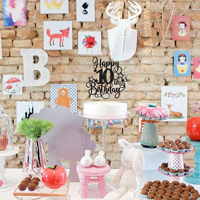 1 PCS Happy 10th Birthday Cake Topper Glitter Cheers to 10 Years Birthday Cake Pick Hello 10 Fabulous Cake Decoration for Happy 10th Birthday Anniversary Party Decorations Supplies Black