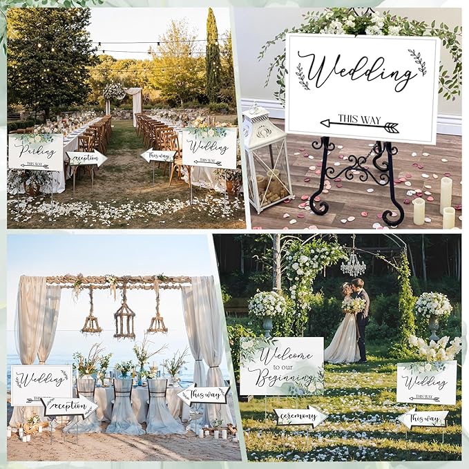 OurWarm 11 Pcs Wedding Direction Signs with Stakes, Wedding Welcome Signs Arrow Shaped Wedding This Way Directional Road Signs, Double Sided Printed Wedding Parking Sign Yard/Lawn Signs for Reception