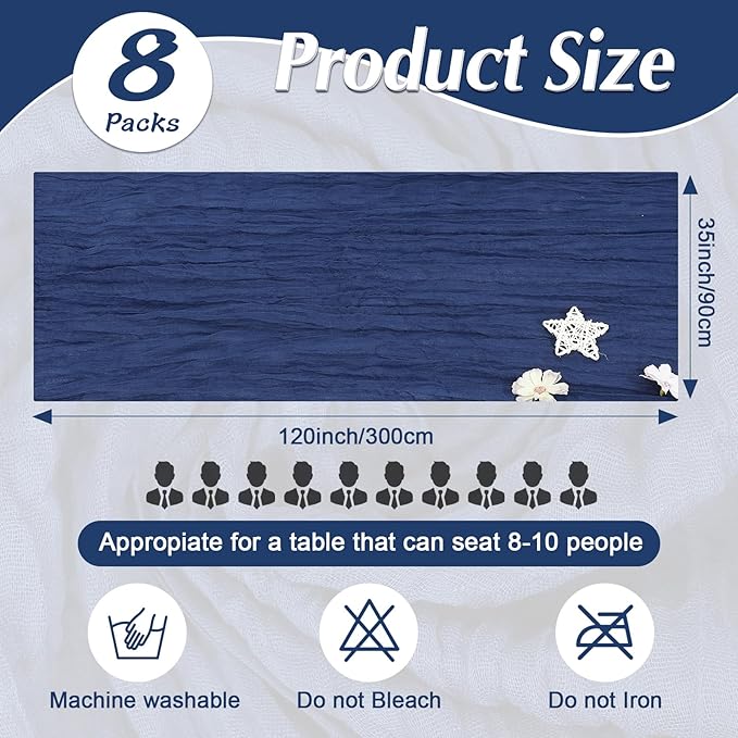 8 Pack Cheesecloth Table Runner Rustic Sheer Boho Gauze 35 x 120 Inch Centerpiece Cheese Cloth for Bridal Baby Shower Summer Spring Decorations Navy Blue