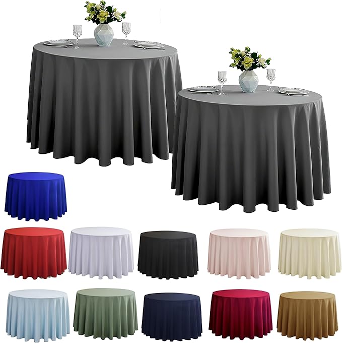 2-Pack Round 108-inch Grey Table Cloths, Solid Stain and Wrinkle Resistant Circular Tablecloth, Premium Plain Weave Polyester Fabric Table Linen Covers for Hotel, Banquet