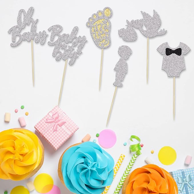 Ephlyn 24Pcs Boy Silver Cake Toppers - It's a Boy Cupcake Toppers, Baby Shower Theme Party Supplies, Upgrade Quality Guarantee