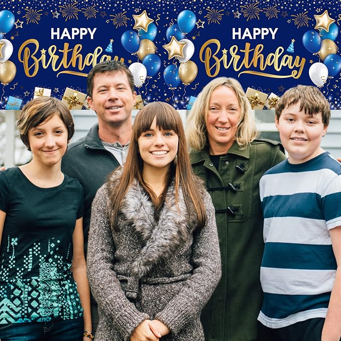 DUAIAI Happy Birthday Decorations, 1 Pcs Navy Blue and Gold Birthday Tablecloth for Boys Girls Men Women, Plastic Disposable Rectangle Table Cover for Birthday Party Supplies- 54" x 108"