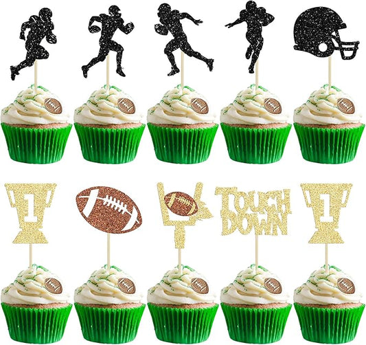 36Pcs Rugby Ball Cupcake Toppers Glitter Trophy American Football Cupcake Picks Touchdown Player Cake Decorations for Super Bowl Rugby Sports Theme Baby Shower Kids Birthday Party Supplies
