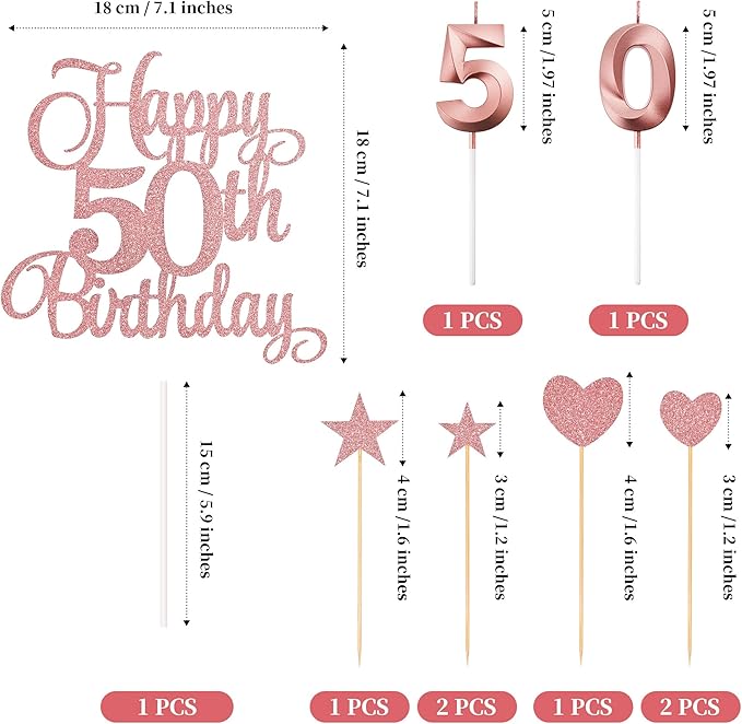 50th Birthday Cake Decorations, 50th Birthday Candles Cake Numeral Candles and Glitter Happy 50th Birthday Cake Toppers Set for Birthday Party Supplies (Rose Gold)