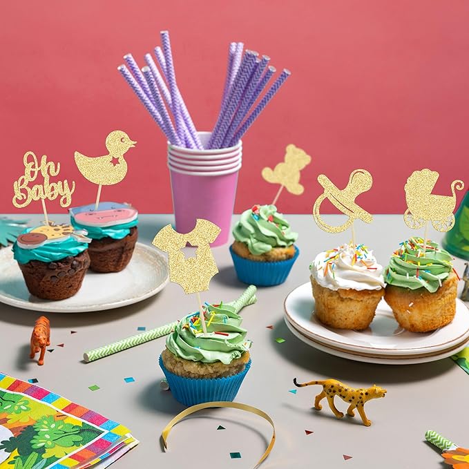 Gyufise 36Pcs Oh Baby Cupcake Toppers Glitter Bear Pacifier Baby Carriage Cupcake Picks Gender Reveal Cake Decorations for Kids Birthday Party Supplies Gold