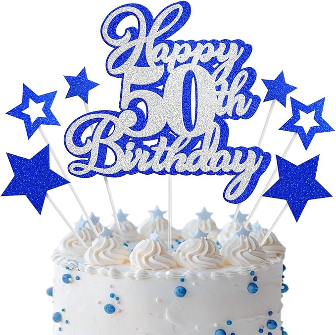 Happy 50th Birthday Cake Topper 50 Birthday Cake Decorations, Happy 50th Birthday Anniversary Party Cake Decorations for Men Women, Blue Silver Glitter