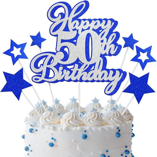 Happy 50th Birthday Cake Topper 50 Birthday Cake Decorations, Happy 50th Birthday Anniversary Party Cake Decorations for Men Women, Blue Silver Glitter