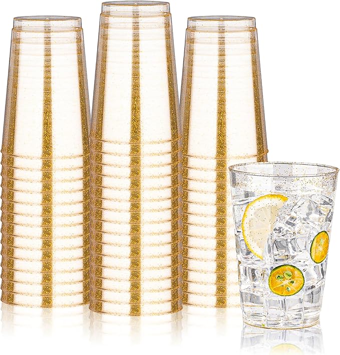 BESTVIP 12oz Gold Glitter Disposable Cups, 100 Pack Gold Plastic Cups, Heavy-duty Party Cocktail Glasses for Christmas, Plastic Cups for Party, Holiday, Wedding and Birthday