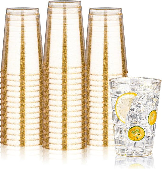BESTVIP 12oz Gold Glitter Disposable Cups, 100 Pack Gold Plastic Cups, Heavy-duty Party Cocktail Glasses for Christmas, Plastic Cups for Party, Holiday, Wedding and Birthday