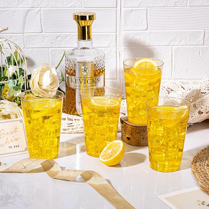 I00000 50 Pack 14 oz Gold Plastic Cups, Disposable Tumblers Gold Glitter Plastic Cups, Disposable Wine Glasses Cocktail Glasses Perfect for Wedding, Mother's Day, Thanksgiving, Christmas Parties