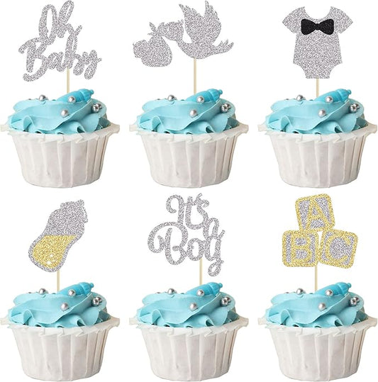 24Pcs Oh Baby Boy Cupcake Toppers Silver Glitter Onesie Bottle Swan Baby Shower Boy Cupcake Picks Gender Reveal Theme Baby Shower Boys Birthday Party Cake Decorations