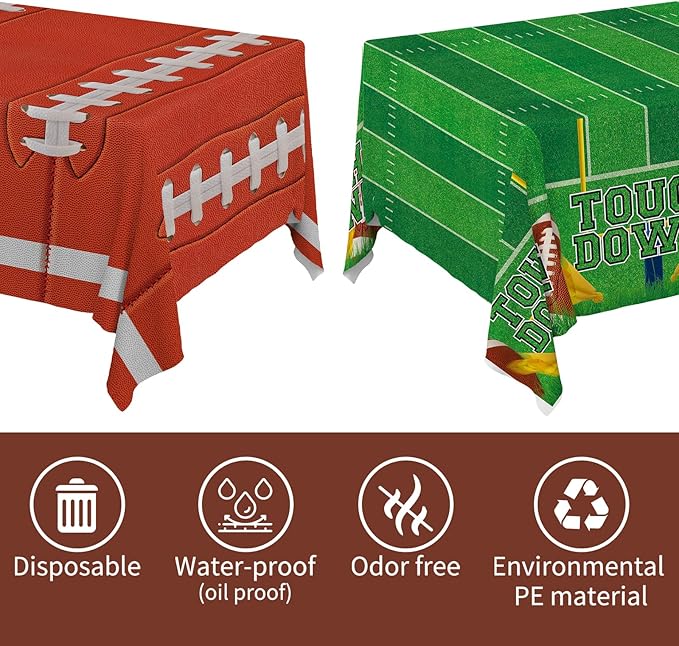 Gatherfun 2-Pack Football Decorations – Touchdown Tablecloth Set, 54x108 Disposable Plastic Covers for Game Party, Birthday Party & Football-Themed Favors