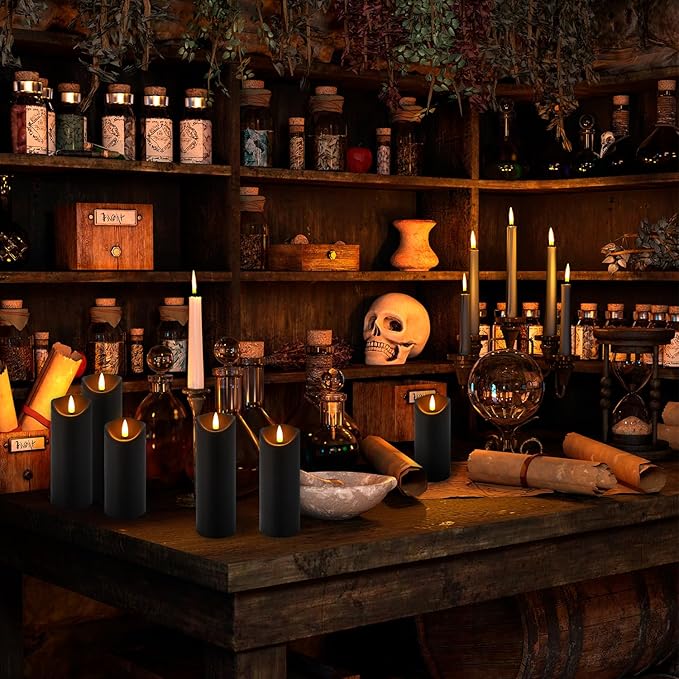 Realistic Flameless LED Candle Black Set of 24, Battery Operated with Remote Control, 3D Flame Pillar Timer Funtion Melted Top Safe,Perfect for Indoor/Outdoor Decor,Wedding,BBQ and Gift