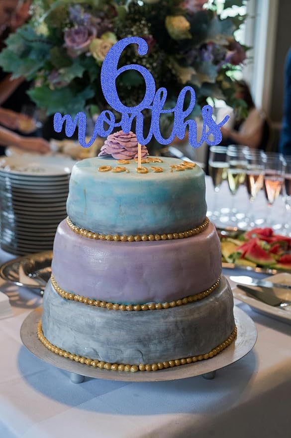 6 Months Cake Topper - Golden Glitter 1/2 Birthday Cake Decorations, Perfect for Baby Shower/Gender Reveal Party/Baby Party Photo Booth Props (Dark Blue)