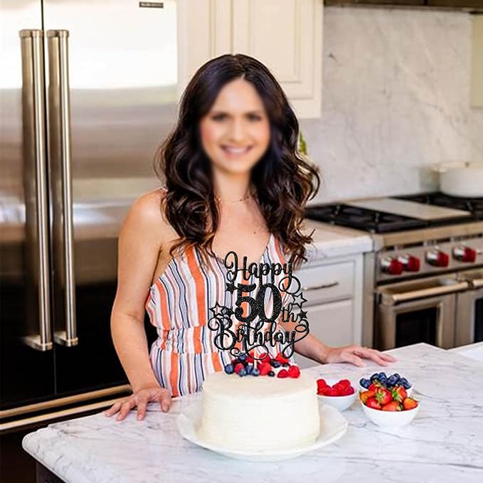 1 PCS Happy 50th Birthday Cake Topper Glitter Cheers to 50 Years Birthday Cake Pick Hello 50 Fabulous Cake Decoration for Happy 50th Birthday Anniversary Party Decorations Supplies Black