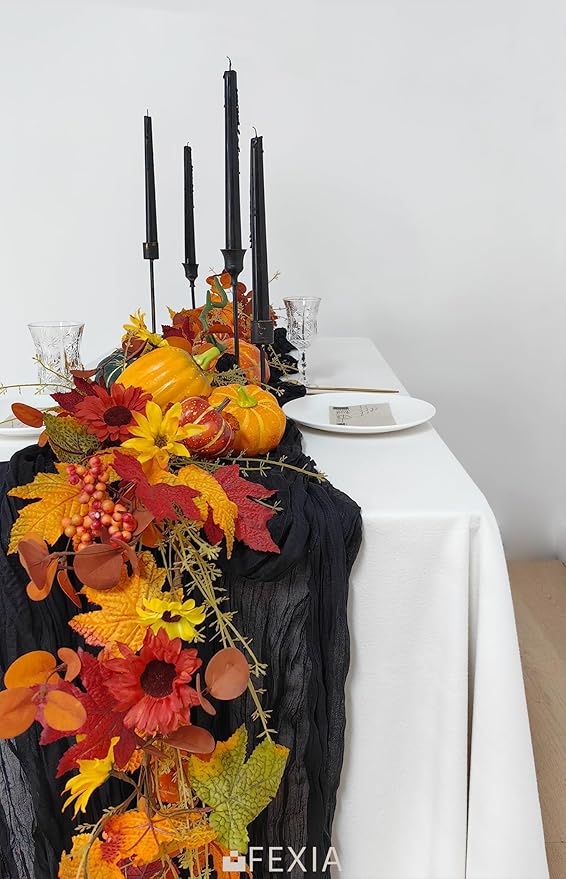 FEXIA 3 Pack Black Table Runner 35x120 Inches for Gothic Baby Shower Decoration Gauze Rustic Table Runner for Wedding Party First Communion Centerpiece Engagement Bridal Shower Boho Decor