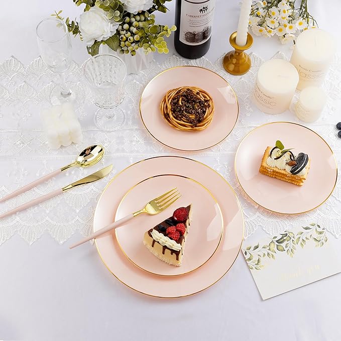 150 PCS Pink Gold Plastic Utensils for 50 Guests, Gold Disposable Silverware with 50 Knives, 50 Spoons and 50 Forks, BPA Free, Ideal for Weddings, Birthdays & Graduation