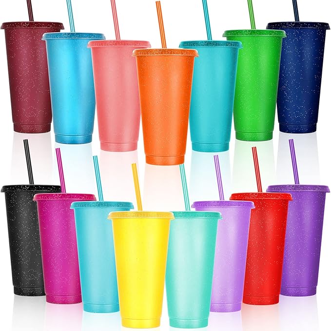 Honeydak 15 Pack Tumbler with Straw and Lid Bulk Cups for Gifts Glitter Plastic Coffee Cups 24-27 oz Reusable Water Bottle Iced Coffee Travel Mug Party Favors for Birthdays Travel (Vivid Color)