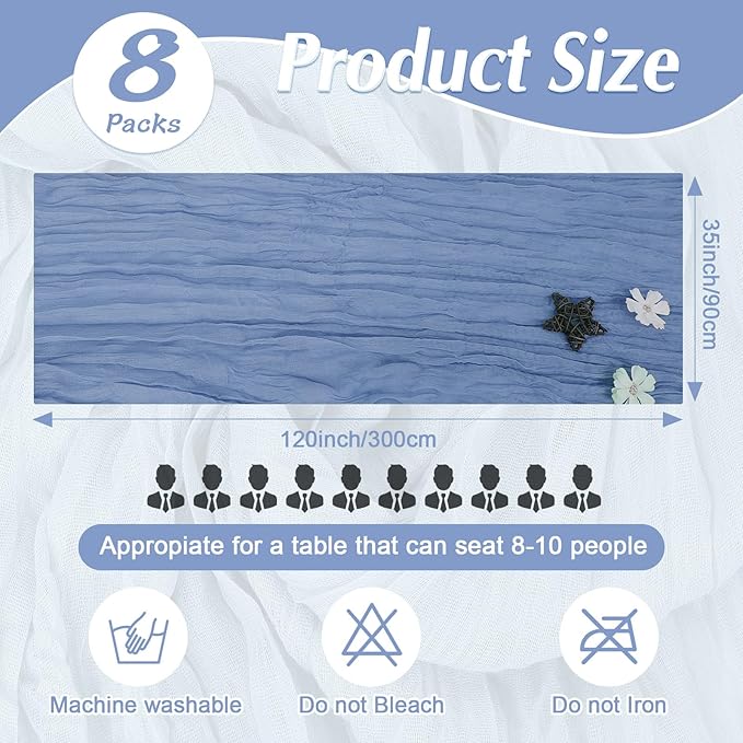 8 Pack Cheesecloth Table Runner Rustic Sheer Boho Gauze 35 x 120 Inch Centerpiece Cheese Cloth for Bridal Baby Shower Summer Spring Decorations Dusty Blue