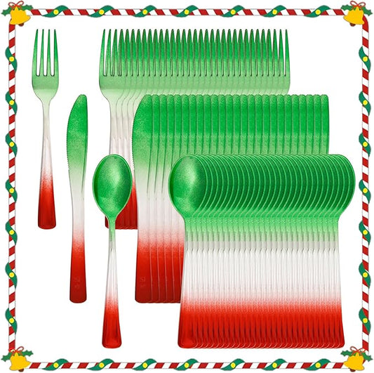 LIYH 120 Pcs Christmas Plastic Silverware - Green and Red Plastic Silverware for Xmas, Gold Cutlery Disposable for Christmas Day Holiday, Gathering