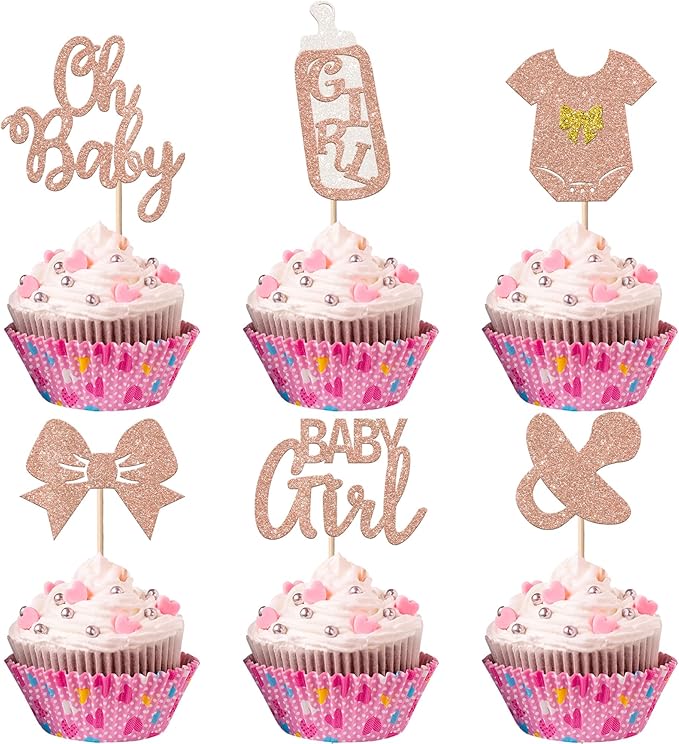 24 Pack It's a Girl Cupcake Toppers Glitter Pacifier Onesie Jumpsuit Bow Gender Reveal Cupcake Picks Welcome Baby Shower Cake Decorations for Baby Girl Birthday Theme Party Supplies Rose Gold