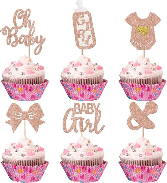 24 Pack It's a Girl Cupcake Toppers Glitter Pacifier Onesie Jumpsuit Bow Gender Reveal Cupcake Picks Welcome Baby Shower Cake Decorations for Baby Girl Birthday Theme Party Supplies Rose Gold