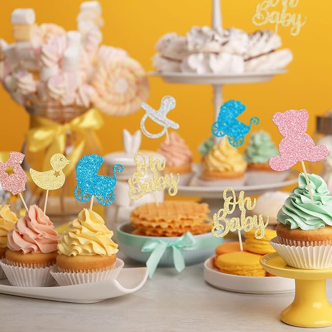 Gyufise 36Pcs Baby Shower Cupcake Toppers Glitter Oh Baby Cupcake Picks Bear Pacifier Baby Carriage Gender Reveal Cake Decorations for Baby Shower Kids Birthday Party Supplies Colorful