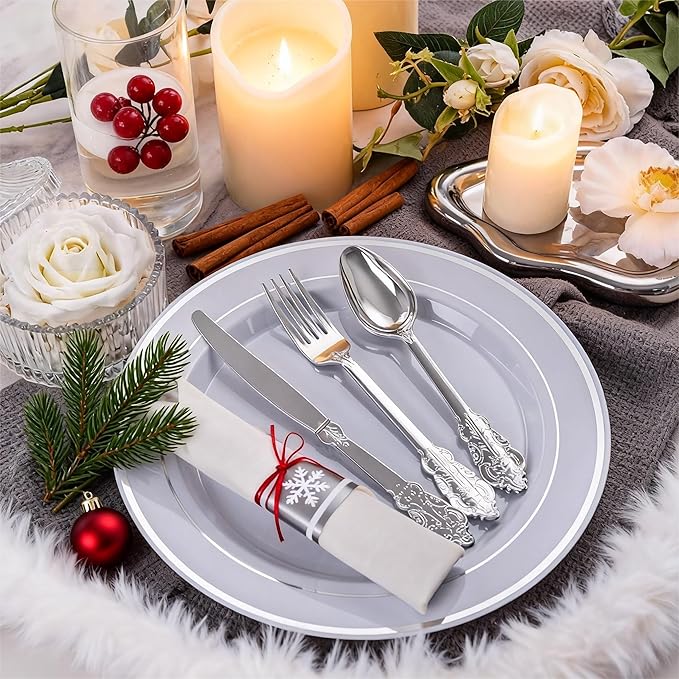 WELLIFE 50 Pack Silver Plastic Silverware,Christmas Utensils, Wrapped Silverware Set Disposable,Include 50 Forks, 50 Knives, 50 Spoons and 50 Napkins, Disposable Cutlery for Party and Christmas