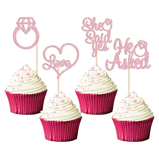 Gyufise Pink 24Pcs He Asked She Said Yes Cupcake Toppers Diamond Ring Heart Cake Picks for Wedding Engagement Party Cake Decorations