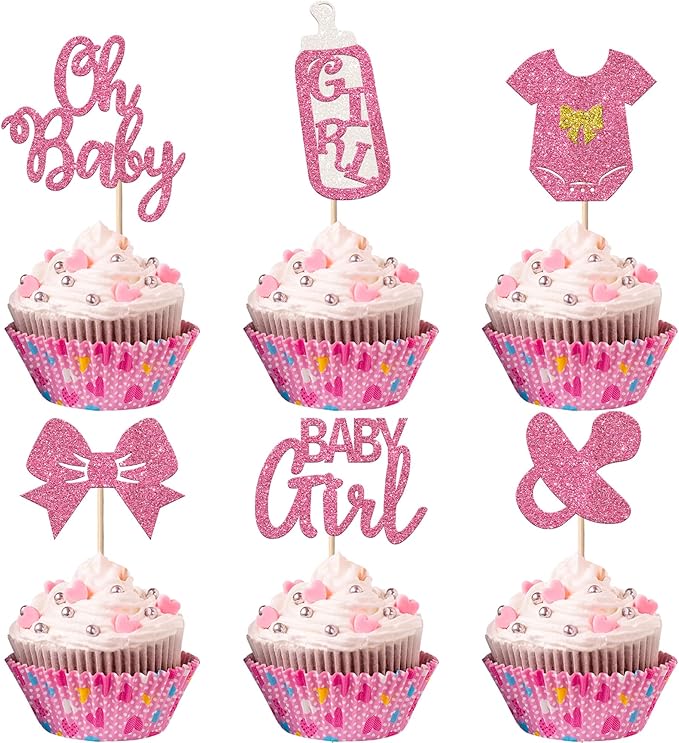 24 Pack Baby Girls Cupcake Toppers It's a Girl Cupcake Toppers Glitter Pacifier Onesie Jumpsuit Bow Gender Reveal Cupcake Picks Welcome Baby Shower Cake Decorations for BabyGirl Birthday Theme Party