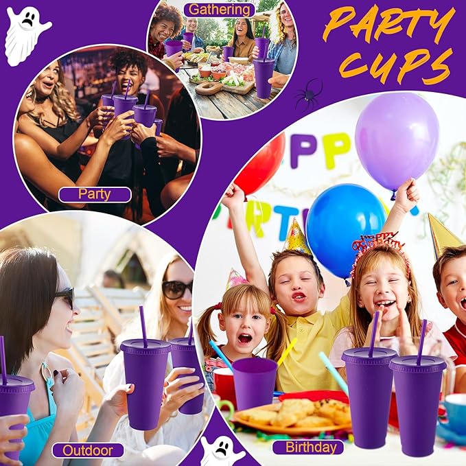 Honeydak 60 Pack Tumbler with Straw and Lid Bulk Cups for Gifts Glitter Plastic Coffee Cups 24-27 oz Reusable Water Bottle Iced Coffee Travel Mug Party Favors for Birthdays Travel (Purple)